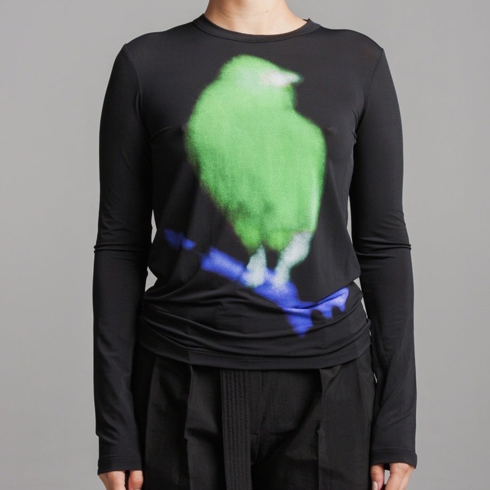 Christian Wijnants TAD Bird Top Black Green Long Sleeve Mesh Graphic Rayon XS